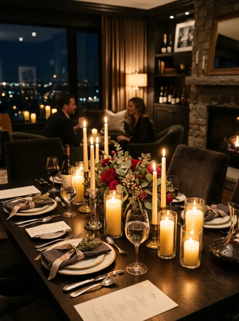 Elegant dining table illuminated by glowing candles creating a warm and inviting dining atmosphere.