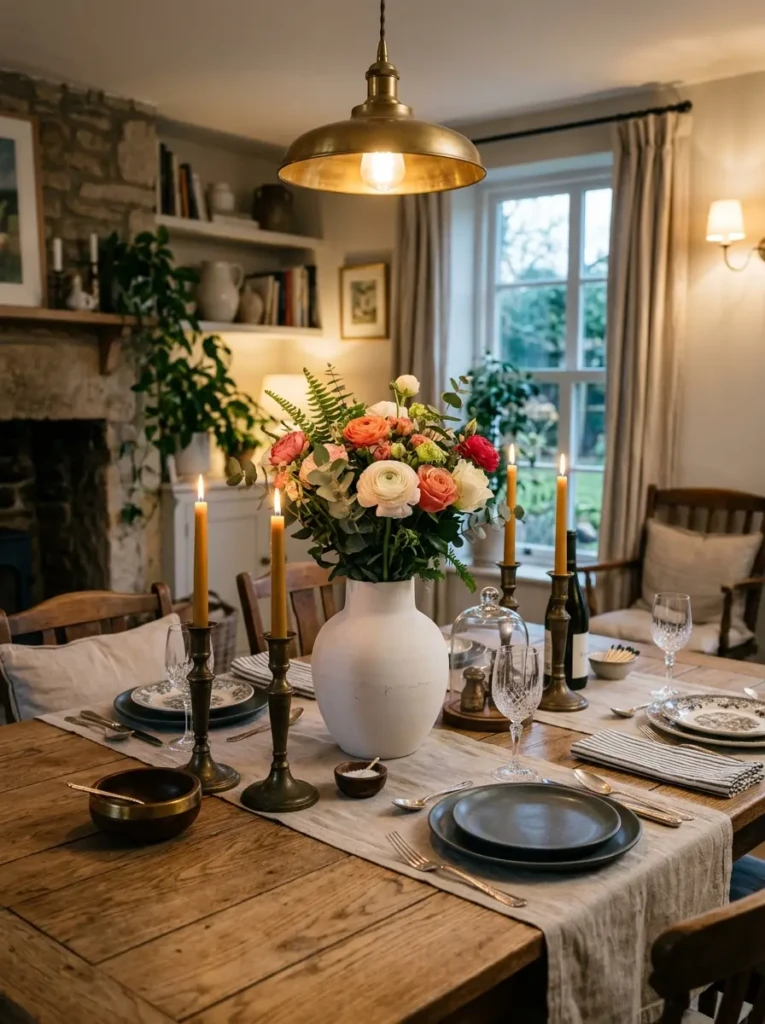 Dining table featuring modern ceramic decor mixed with vintage brass accents and timeless accessories.
