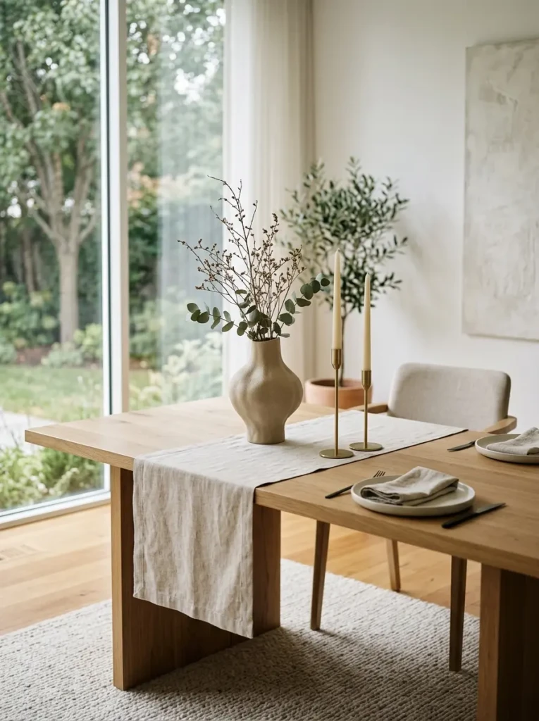 Simple dining table featuring a sculptural vase, elegant candles, and a clean minimalist design.