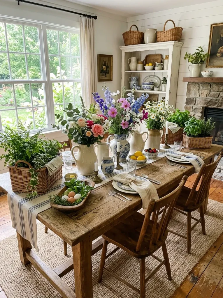 Rustic dining table styled with flowers, woven baskets, and organic decorative accents.
