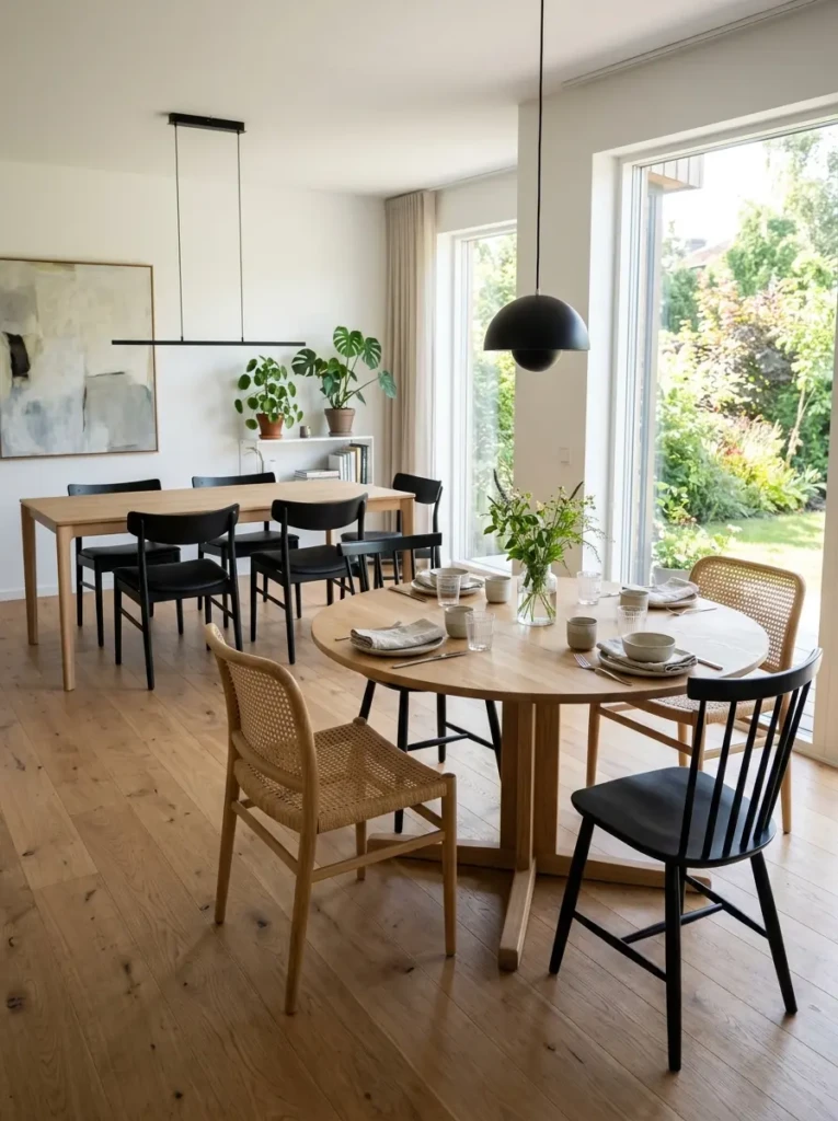 Modern dining room showcasing round and rectangular minimalist tables with natural finishes