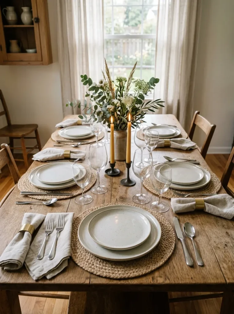 Neutral dinnerware, cloth napkins, and placemats creating an elegant dining experience.