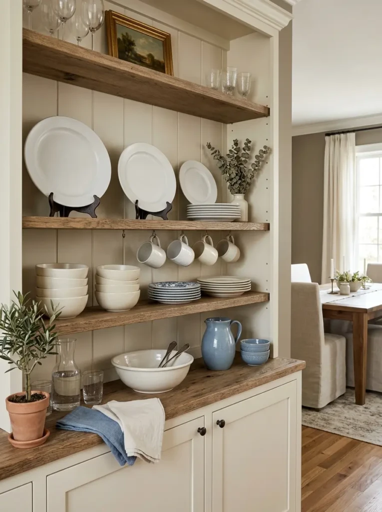 White and cream dishware arranged neatly on open hutch shelves