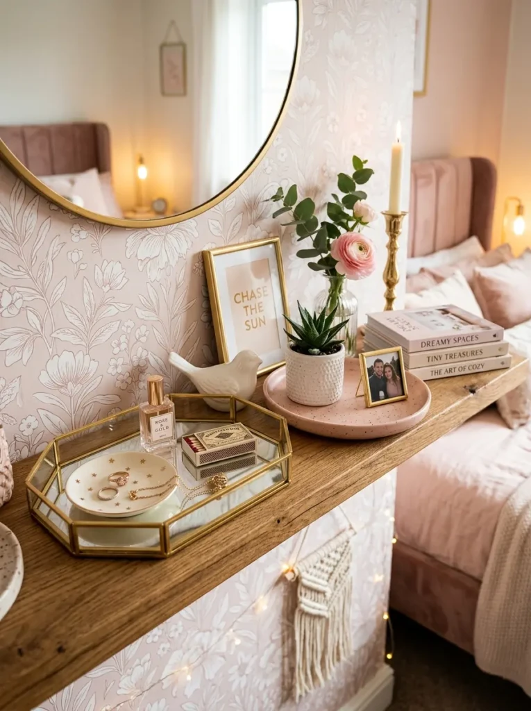 Curated display of small collectibles arranged neatly on trays and shelves.