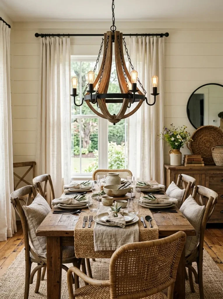 Rustic wooden chandelier hanging above a charming farmhouse dining table.