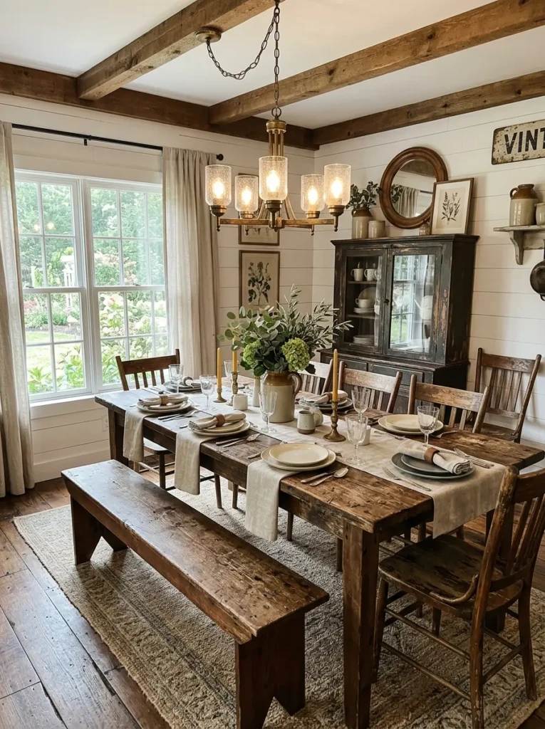 Farmhouse dining space featuring vintage lighting, wood furniture, and a natural rug.
