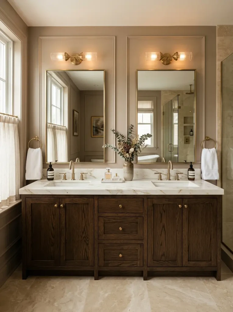 Double vanity bathroom with matching mirrors creating a symmetrical and elegant design.