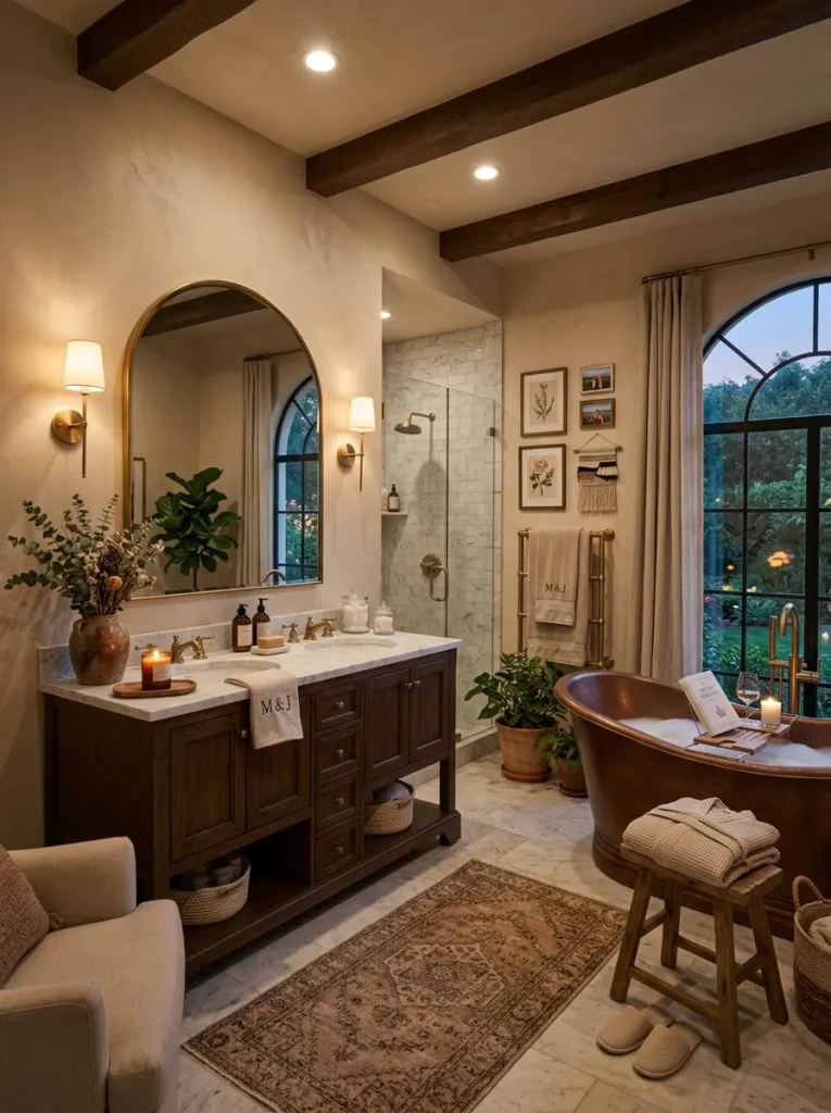 Finished luxury bathroom with warm lighting, elegant decor, and inviting atmosphere