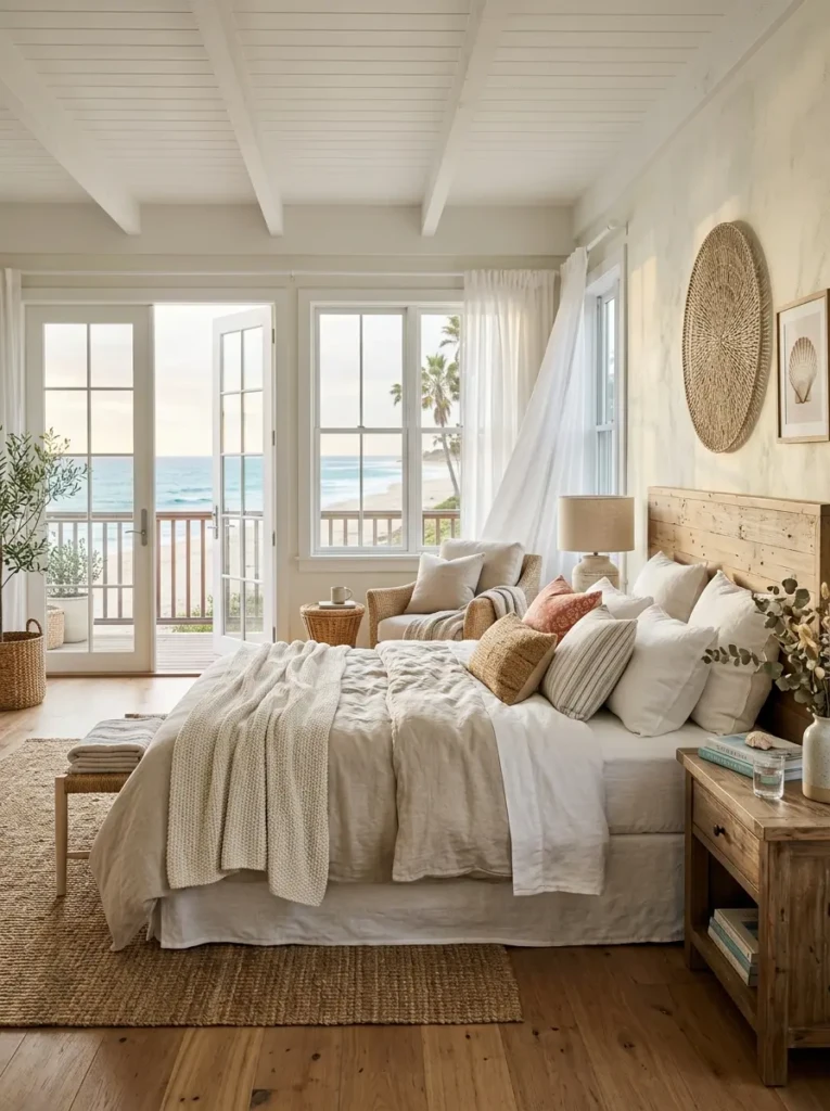 Elegant beach bedroom retreat with cozy bedding and soft natural light