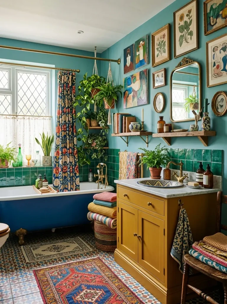 Dreamy colorful bathroom filled with personality, layered textures, charming details, magazine-worthy home decor photography