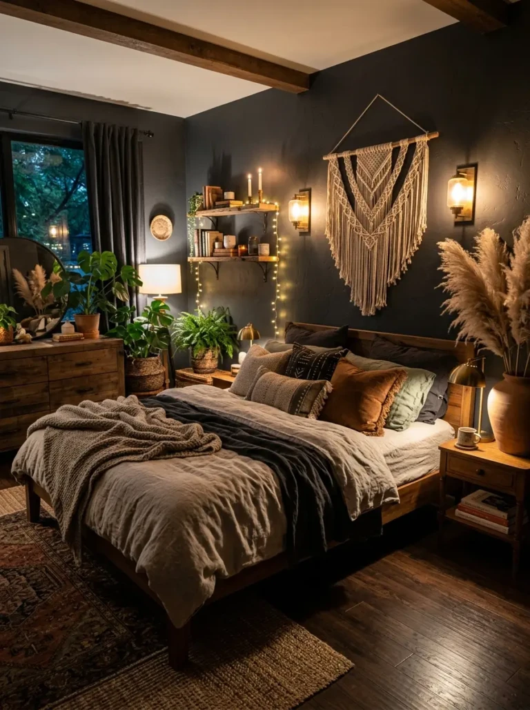 Cozy dark boho bedroom with moody walls, layered bedding, warm lighting, and natural textures.