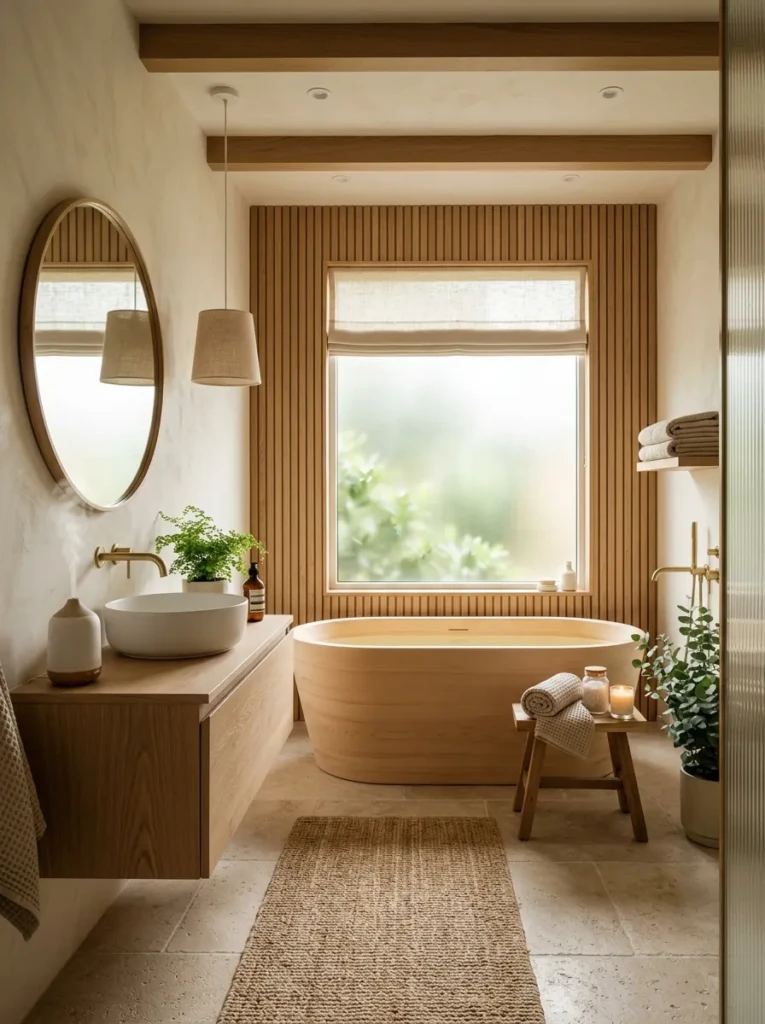 Finished japandi bathroom with spa-like ambiance, elegant simplicity, and peaceful design.