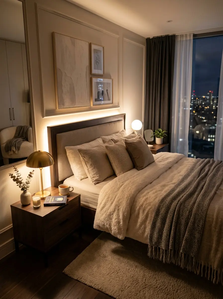 Cozy bedroom with soft LED lighting, warm bedding, and a dreamy aesthetic atmosphere at night.