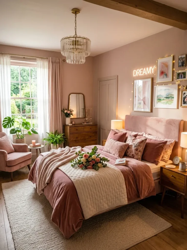 Charming pink bedroom sanctuary designed for comfort, relaxation, and beauty
