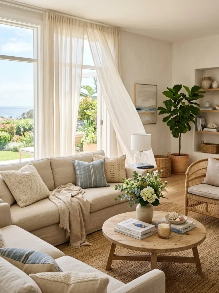 Bright summer living room with linen curtains, natural textures, greenery, and warm sunlight creating an inviting atmosphere.