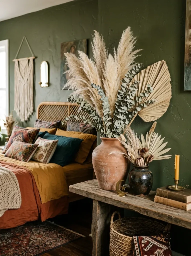 Dried eucalyptus and palm leaves styled in decorative vases.