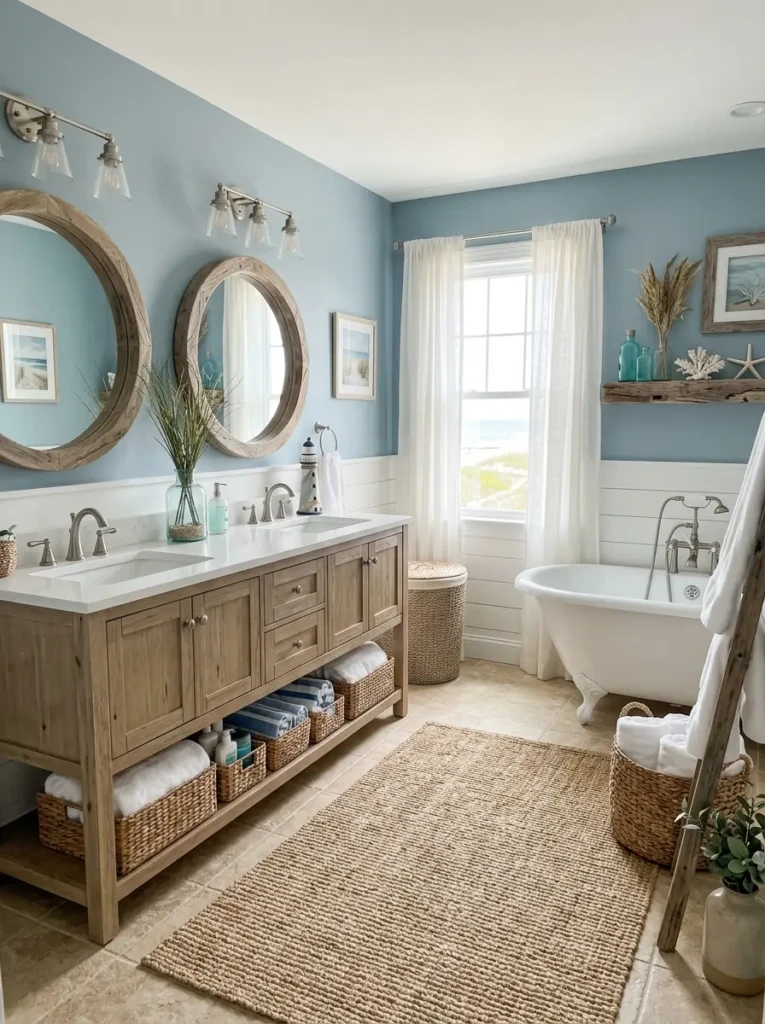 Relaxing coastal bathroom with dusty blue walls, sandy beige accents, and natural textures.