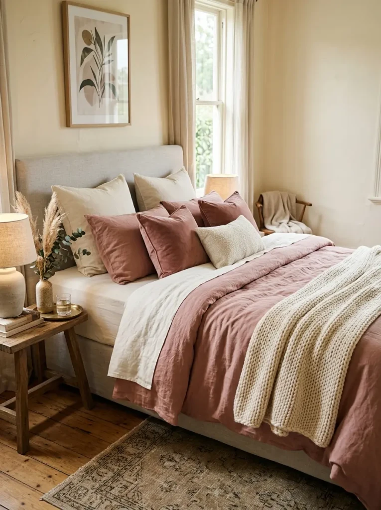 Dusty rose bedding layered with linen sheets, velvet cushions, and knit throws