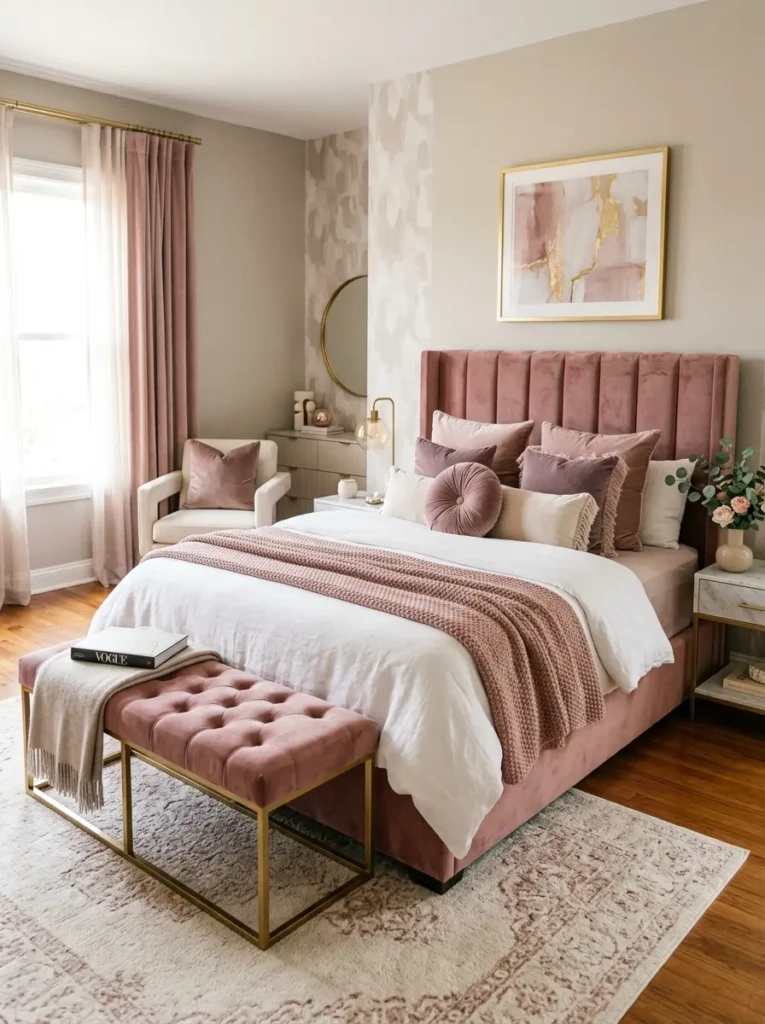 Velvet headboard, bench, and pillows creating an elegant pink bedroom design
