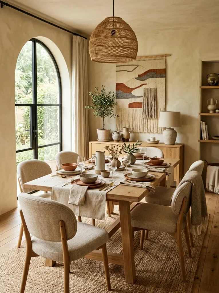 Dining room featuring earthy ceramics, upholstered chairs, and natural textures
