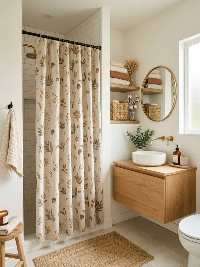 Botanical-patterned shower curtain creating a sophisticated fall-inspired bathroom.