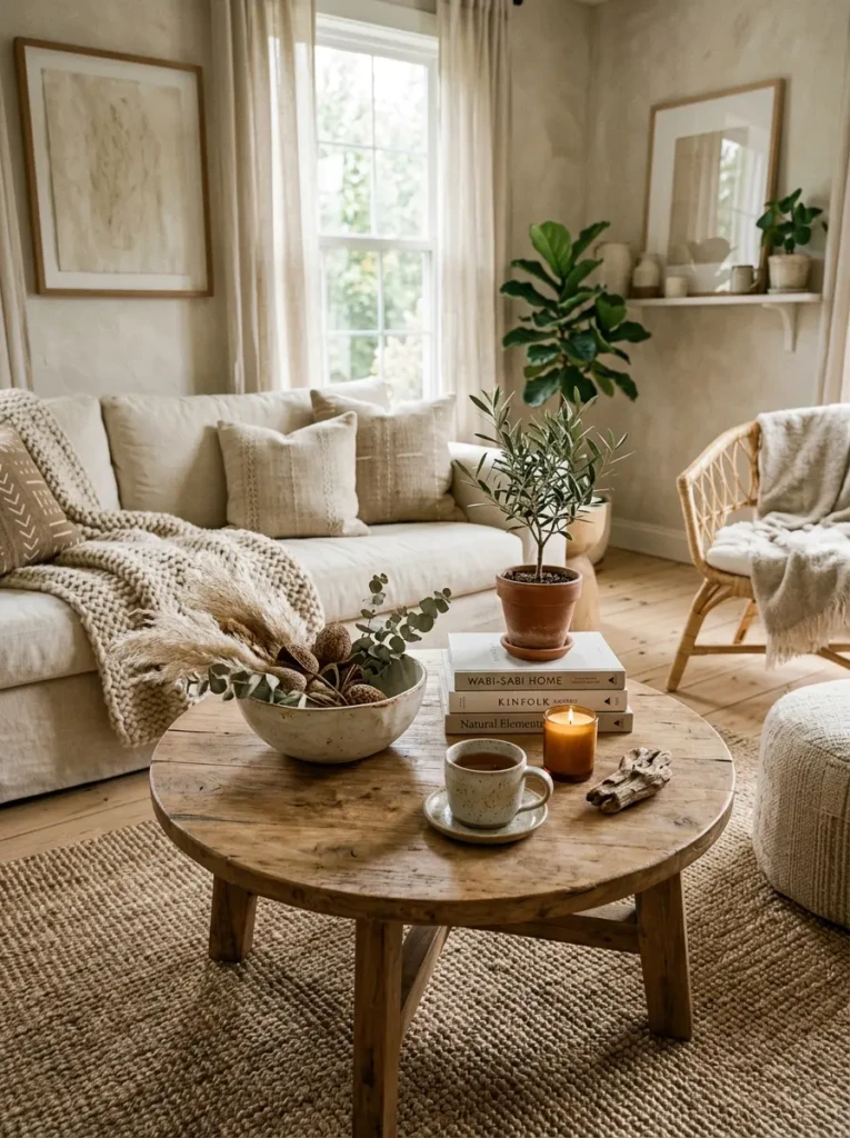 Organic decor elements creating a warm and timeless coffee table display.