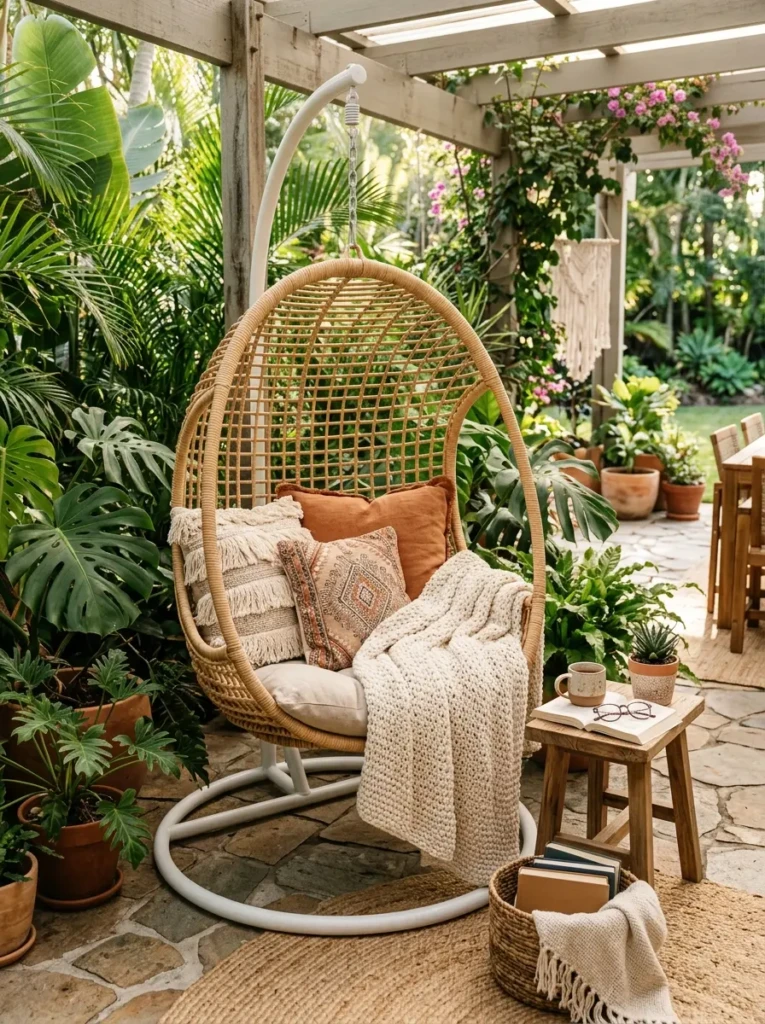 Elegant hanging egg chair with layered pillows creating a relaxing outdoor reading nook