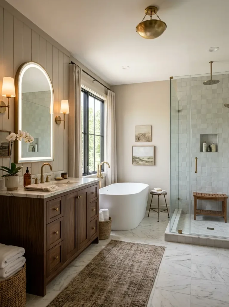 Sophisticated bathroom with practical luxury details and a warm, welcoming ambiance