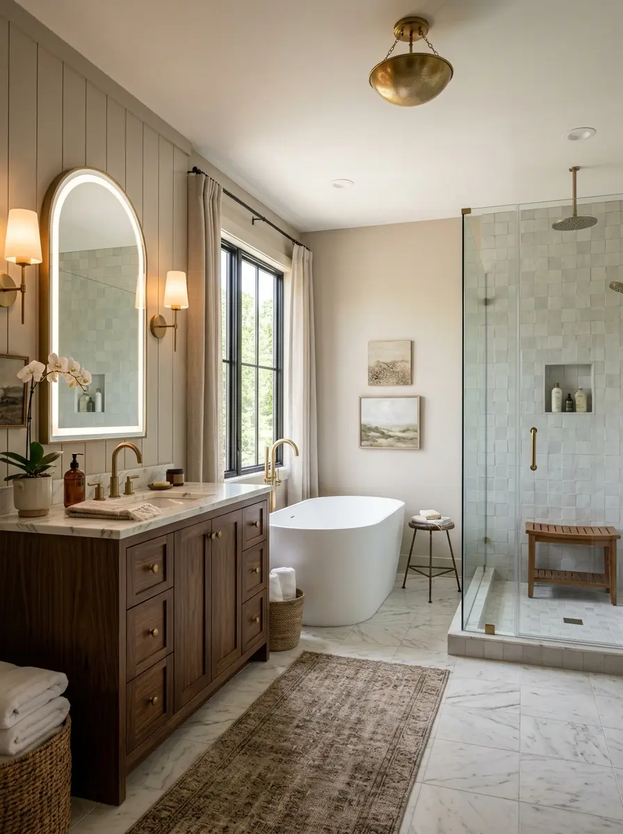 Sophisticated bathroom with practical luxury details and a warm, welcoming ambiance