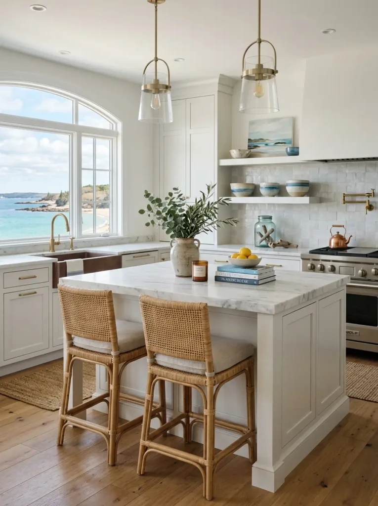 Beach kitchen with meaningful decor pieces and uncluttered surfaces.