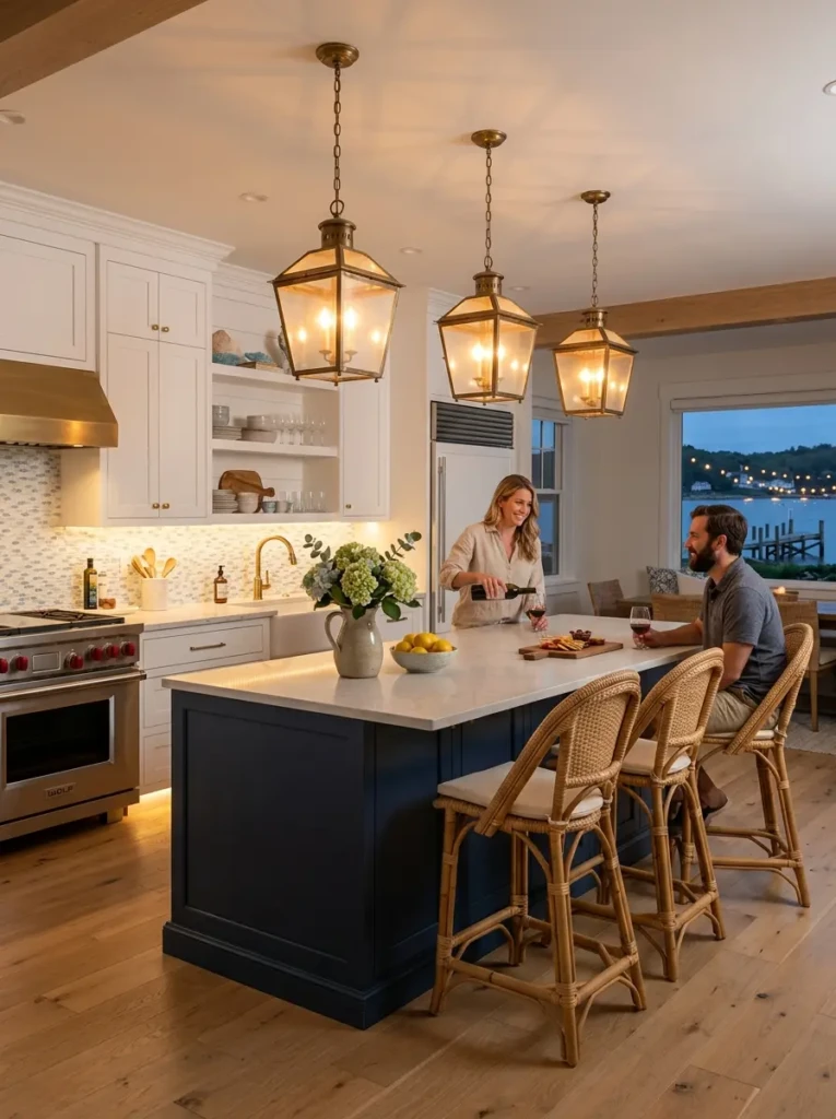 Beach kitchen featuring lantern-style pendant lights and warm illumination.