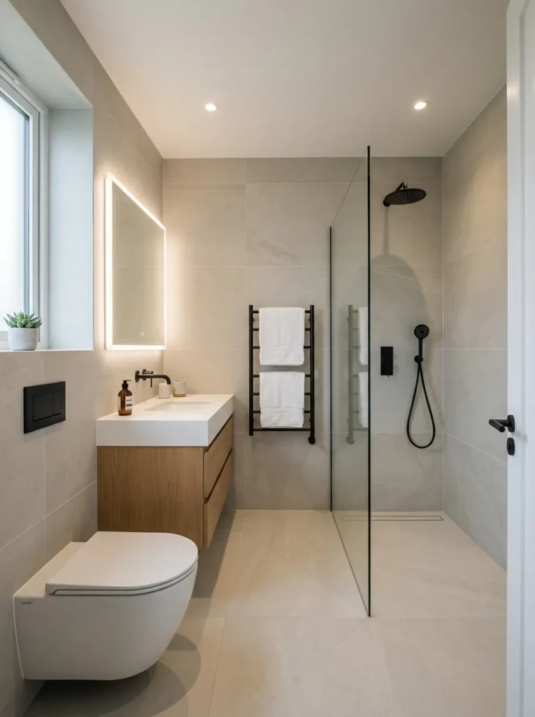 Compact bathroom with oversized floor and wall tiles creating a seamless spacious appearance.