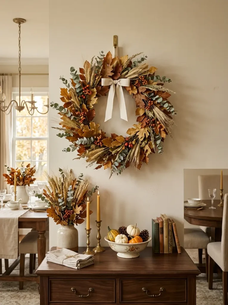Autumn wreath made of dried leaves and wheat stems hanging in a dining room.
