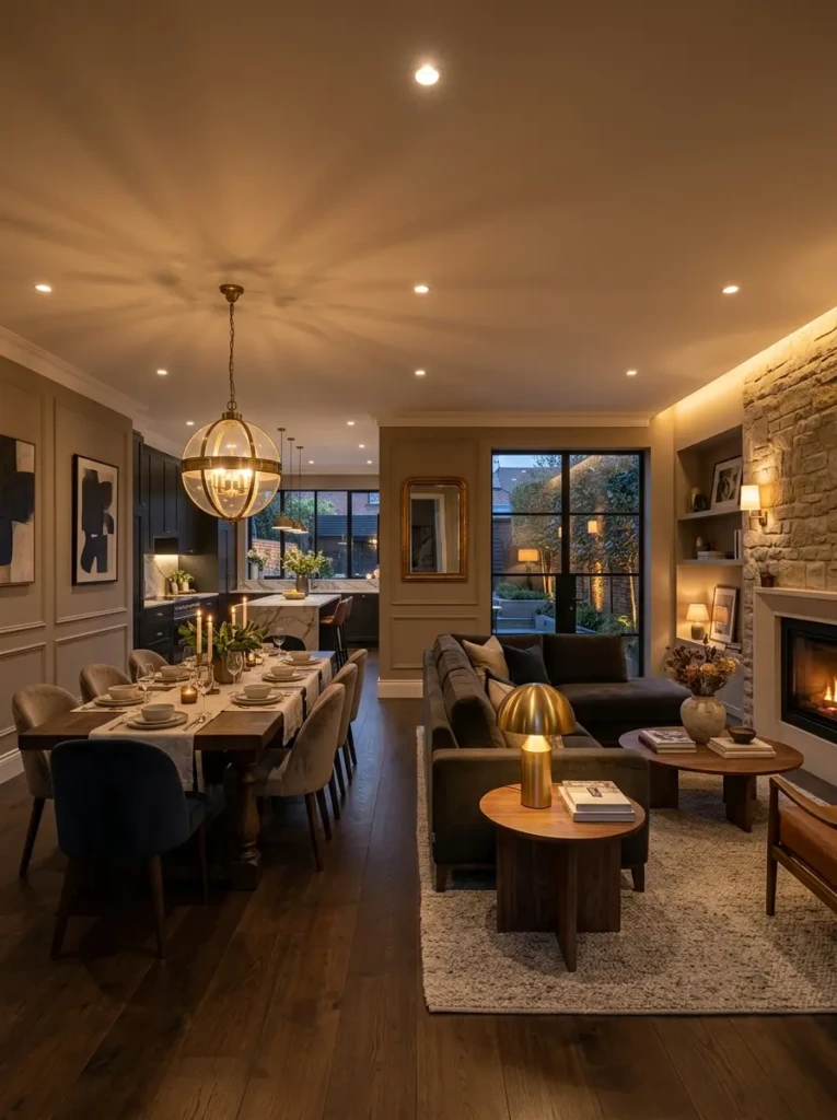 Multiple light sources creating warmth and definition in a shared space.
