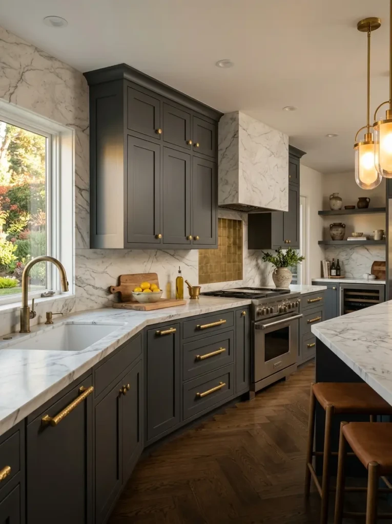 Stylish kitchen cabinets enhanced with oversized brass handles and elegant hardware details.