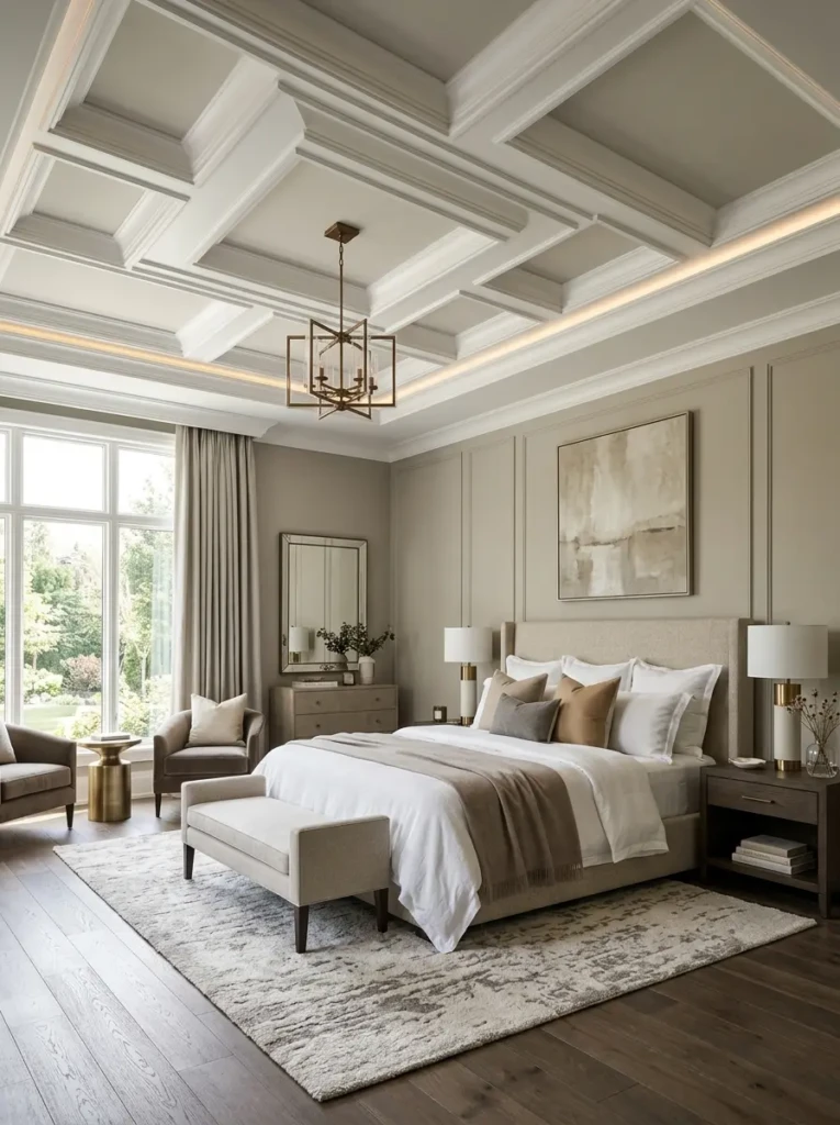 Modern bedroom with a coffered ceiling design, clean architectural details, and timeless neutral styling.
