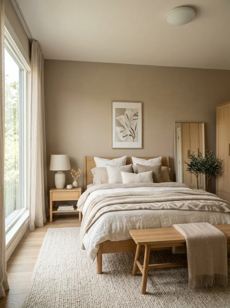 Elegant bedroom featuring warm beige walls, light wood furniture, and calming neutral decor.