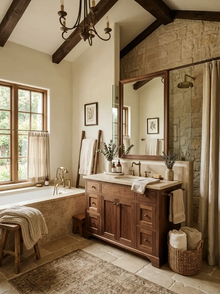 Rustic bathroom designed with cream, beige, and wood tones creating a cozy timeless look.