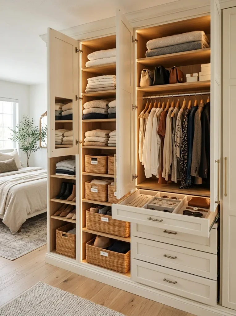 Functional wardrobe featuring adjustable shelves, baskets, and elegant storage solutions.