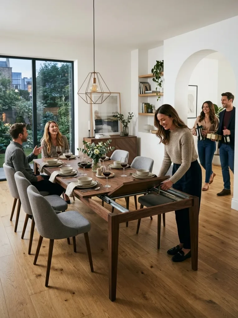 Extendable dining table expanded to accommodate additional guests