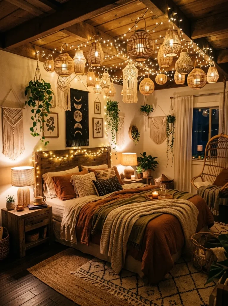 Warmly illuminated bedroom featuring fairy lights and decorative lanterns.