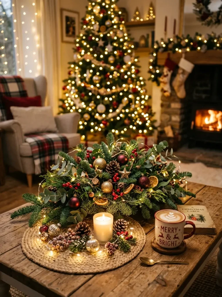 Glowing fairy lights intertwined with greenery and ornaments creating a magical holiday centerpiece