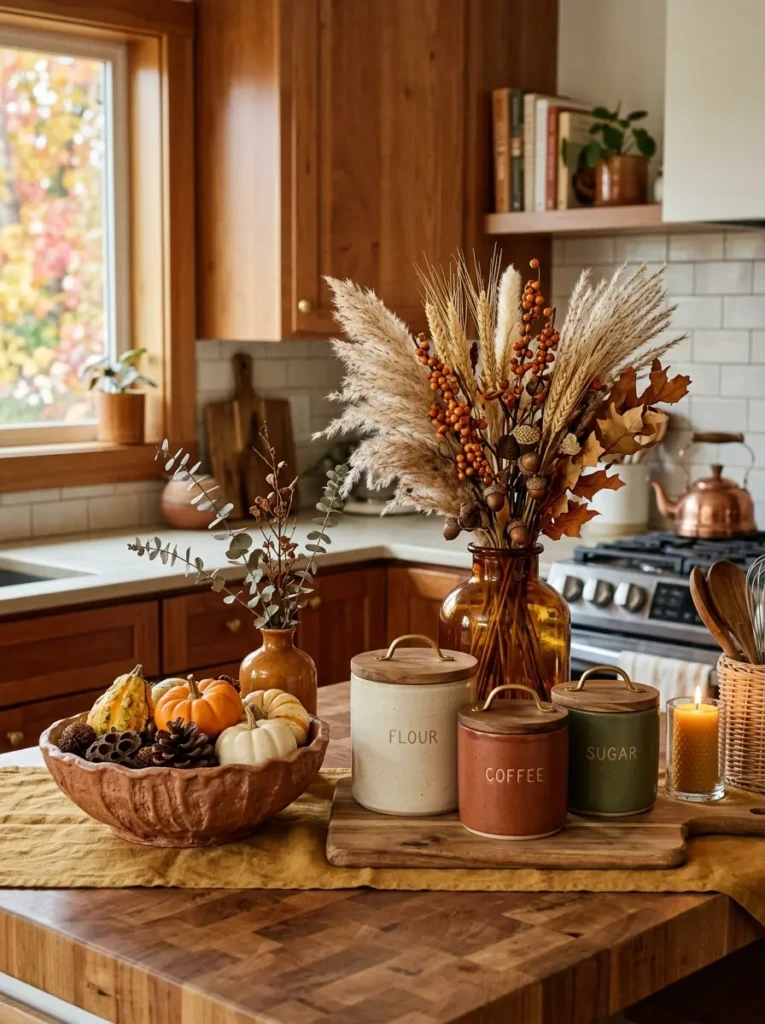 Decorative bowls, canisters, and vases in warm earthy fall colors.