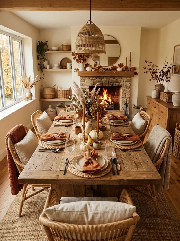 Dining room featuring woven placemats, wicker decor, and natural textured accents.