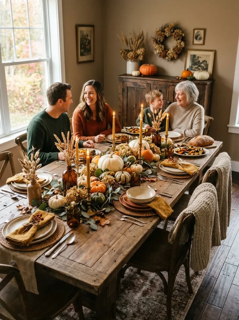 Beautiful fall dining room featuring candles, pumpkins, warm textures, and seasonal accents.