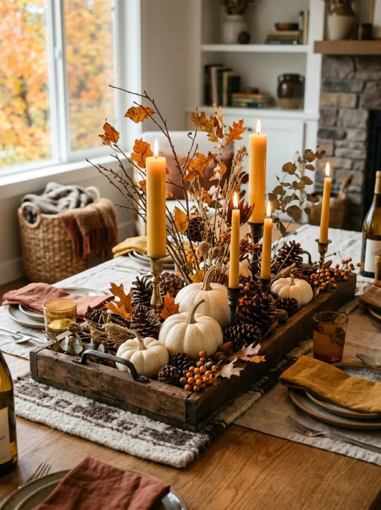 Dining table centerpiece featuring white pumpkins, pinecones, dried branches, and candles.