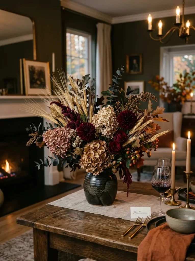 Elegant autumn floral arrangement with dried hydrangeas, wheat stems, and burgundy blooms.