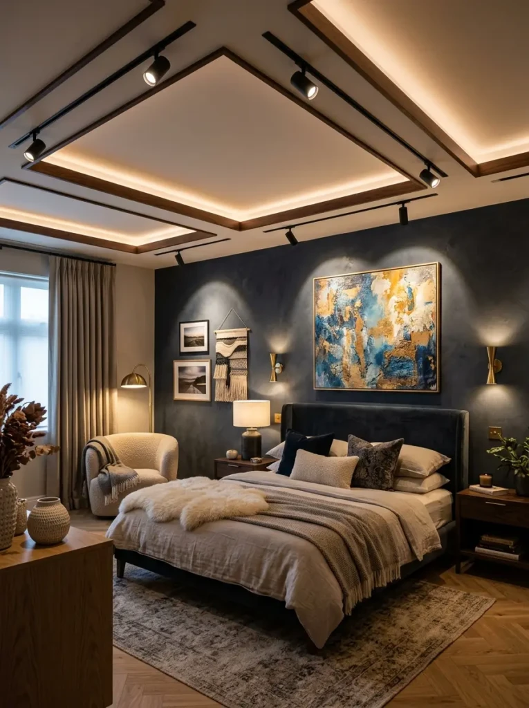 Elegant ceiling design with spotlights highlighting artwork and decorative features.