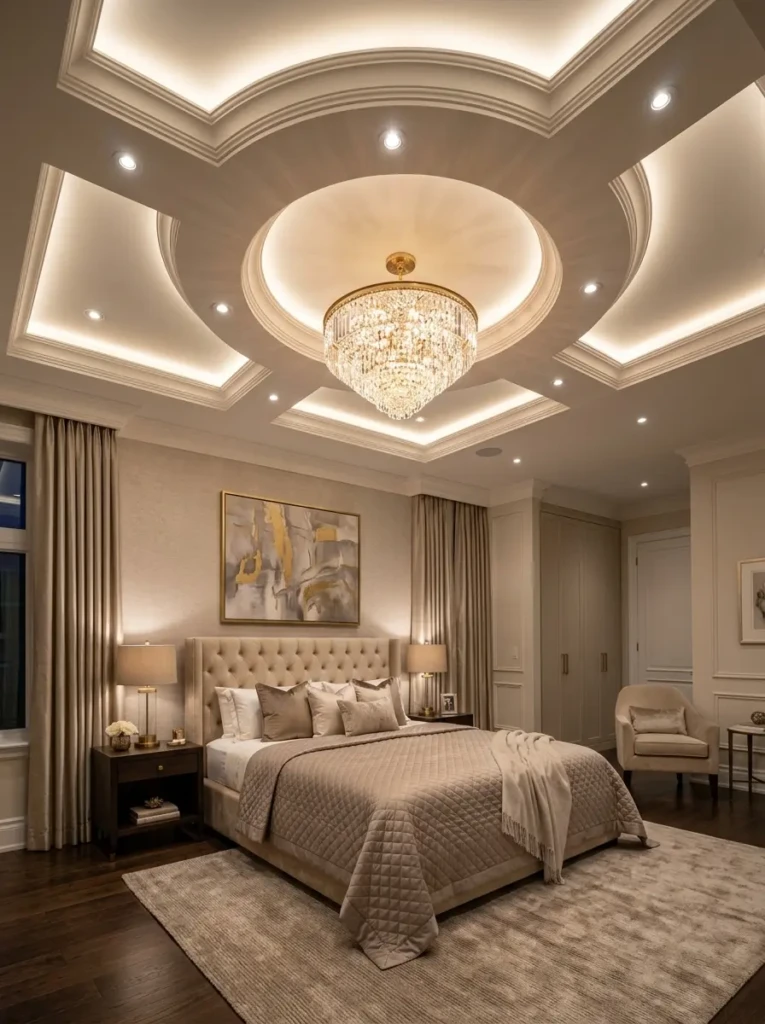Sophisticated bedroom with layered ceiling design, recessed lights, and a chandelier.