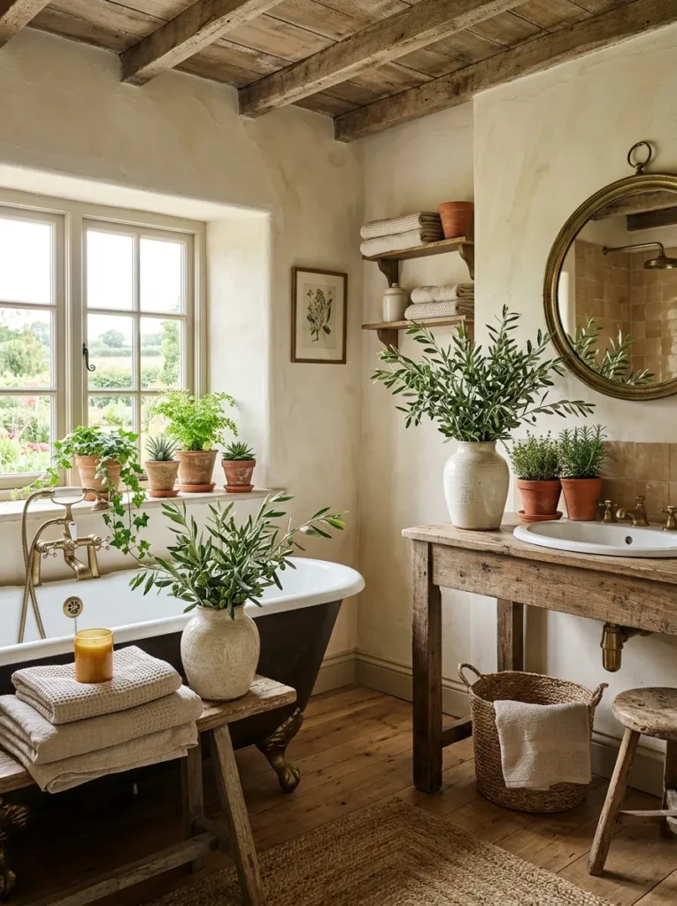 Farmhouse bathroom decorated with olive branches and ceramic planters for a fresh look.